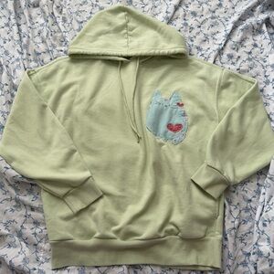Upcycled mint green hoodie with cute Pusheen patchwork design